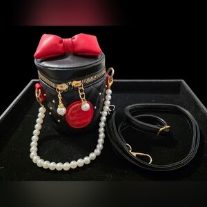 Black & Red Quilted Bag with Red Bow and Pearl Chain With Strap